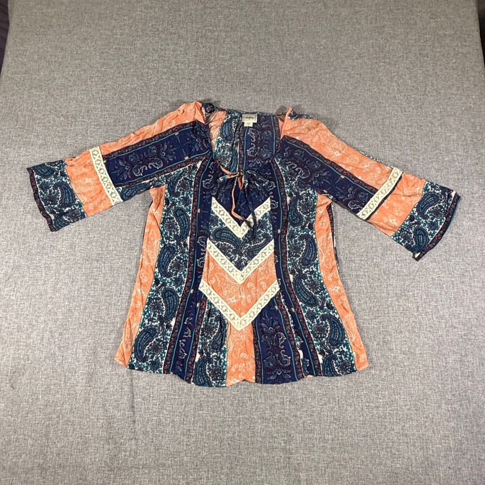 Daytrip Paisley Peasant Top Women Small Blue Orange Boho Crochet Lace Festival